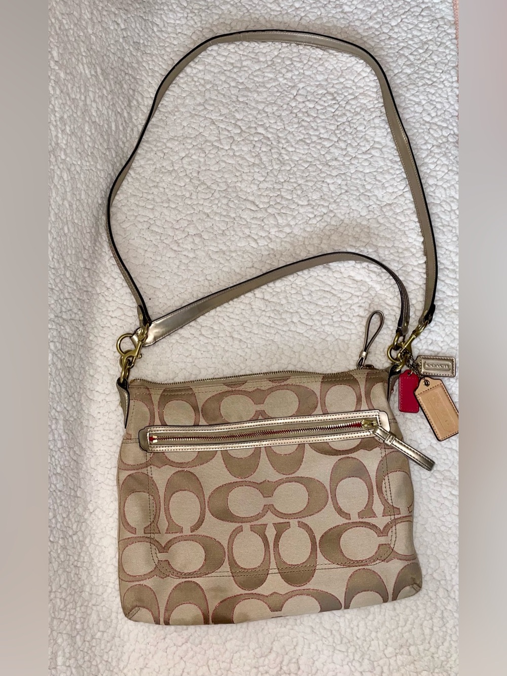 COACH Beige and Pink Signature Large Crossbody Bag with Gold-Tone Zipper